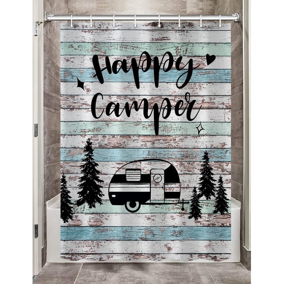 BDIUA-RV Shower Curtain, Happy Camper Travel Trailer Camping RV Bathroom Small Stall Shower Curtain Set, Waterproof Fabric Bathroom Curtains Decor with Hooks, 47X64inch
