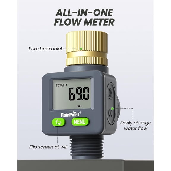 BDIUA-Rainpoint Water Flow Meter with Brass Inlet, 180Screen-Flip Garden Hose Flow Meter, Measure up to 9999.9 Gallon/Liter Consumption & Flow Rate for RV, Garden Hose, Sprinkler & Nozzle Sprayer