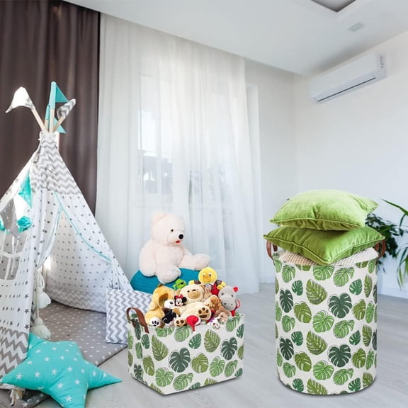 BDIUA-Rectangular Green Storage Basket, Waterproof Safari Nursery Box with Handles for Bedroom, Jungle Theme Gifts Basket, Momstera Decor(Leaf)