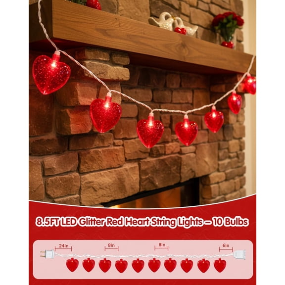 BDIUA-Red Heart String Lights Valentines Lights, 8.5FT Plug in Fairy String Lights with 10 LED Red Heart Bulbs for Indoor Outdoor Home Room Party Wedding Valentine's Decor, White Wire