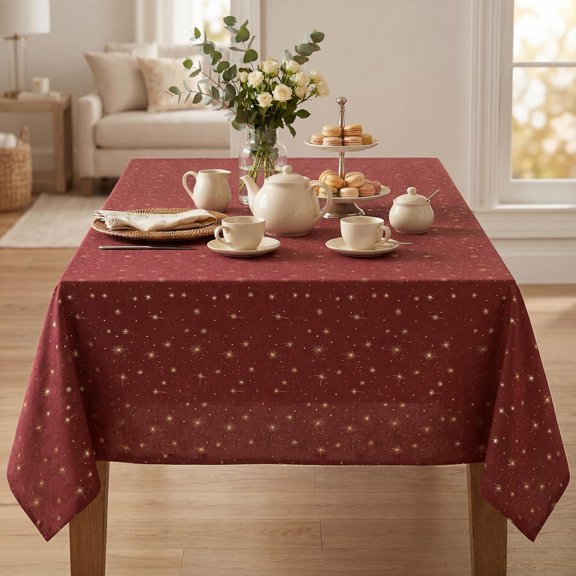 BDIUA-Red Rustic Tablecloth, Gold Star Glitter Metallic Foil Table Cloth, 6084 Inch Rectangular, Washable Stain-Resistant Farmhouse Table Cover for Party Wedding Birthday