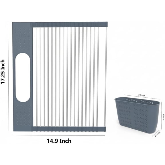 BDIUA-Roll Up Dish Drying Rack Over Sink, 17.5" x 15.2" Foldable SUS304 Stainless Steel Kitchen Dish Drainer, Heat-Resistant Multipurpose Rolling Sink Rack Organizer,Grey
