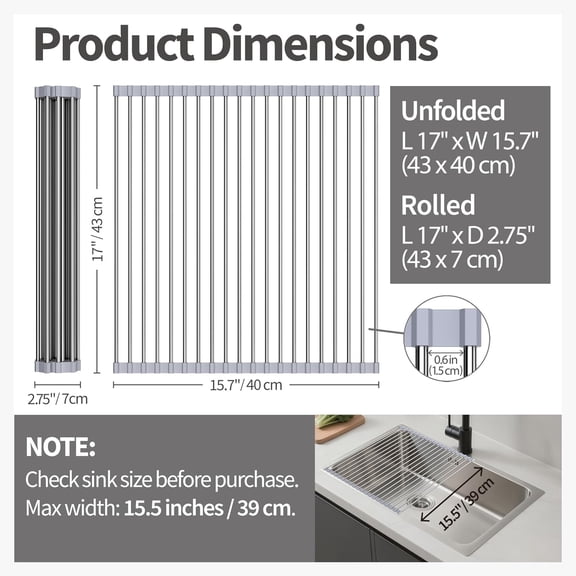 BDIUA-Roll Up Dish Drying Rack for Sink, Over Sink Dish Rack 17 x 15.7 Inch, Silicone Stainless Steel Dish Drainer for Kitchen Counter, BPA Free Utensil Drying Rack, Gray
