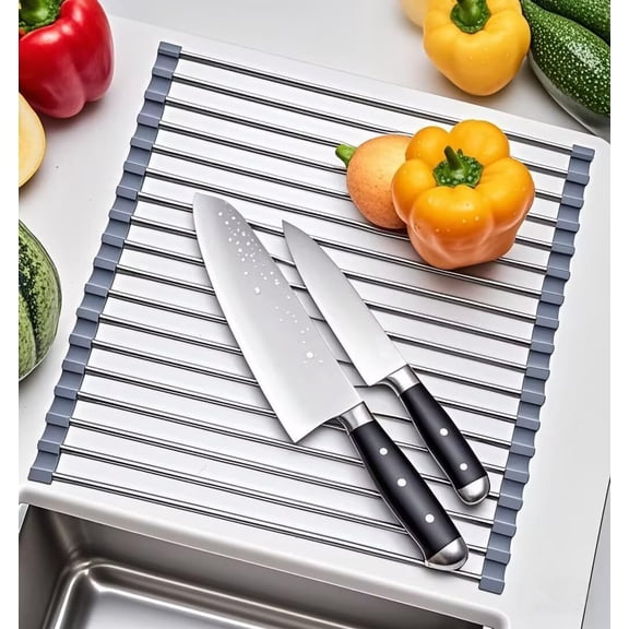 BDIUA-Roll Up Dish Drying Rack, Stainless Steel and Silicone Dish Drying Mat Over The Sink Foldable Drain Rack Multipurpose Dish Drainer for Kitchen, 14.5 x 14, Gray