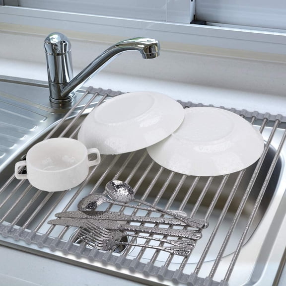 BDIUA-Roll Up Dish Drying Rack Over The Sink 17.7"(L) x 15.6"(W), Multipurpose Foldable Stainless Steel Kitchen Rollable Drainer Rack, Gray
