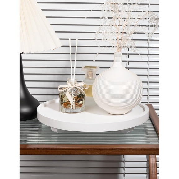 BDIUA-Round Decorative Tray Wood Bathroom Counter Organizer Farmhouse Kitchen Decor Wooden Riser for Soap Dish, Perfume, Candle, Sponge, 11" - White