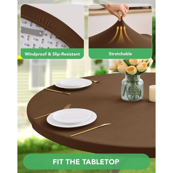 BDIUA-Round Fitted Table Covers - 56-60 Inch Spandex Water-Resistant Tablecloth with Elastic, 2 Pack Circle Folding Table Cloths for Party Banquet, Brown