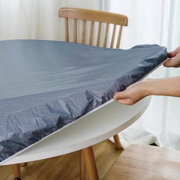 BDIUA-Round Fitted Vinyl Tablecloth with Elastic Edge 100% Waterproof Oil Proof PVC Table Cloth Wipe Clean Table Cover for Indoor and Outdoor, Denim Blue, 40"- 44"
