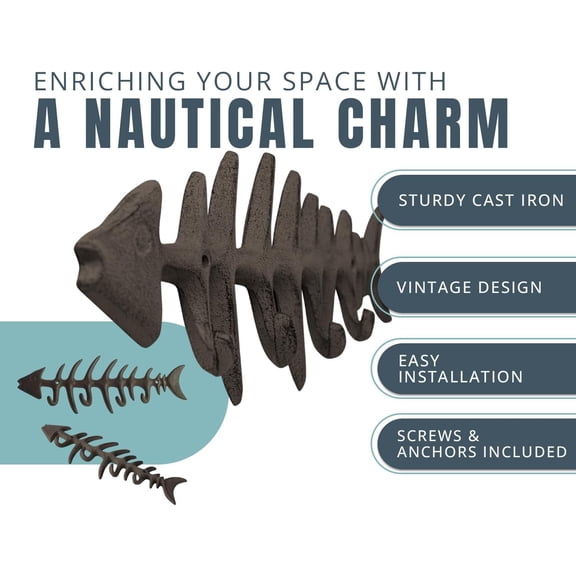 BDIUA-Rust Brown Fish Bones Cast Iron Wall Hook Rack  4 Hooks, Screws | Rust Brown; fish bones cast iron; 25"L x 3.34"H; 4 hooks; screws & anchors included; coastal nautical decor