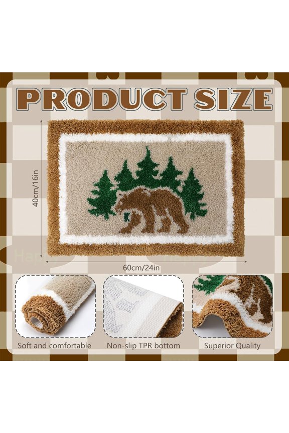 -Rustic Bear Bathroom Rug Tufted Bath Mat Cabin Lodge Bathroom Decor Forest Pine Tree Farmhouse Non-Slip Soft Absorbent Area Rug for Shower Tub Sink Entryway Home Accessories 24x16 Inches