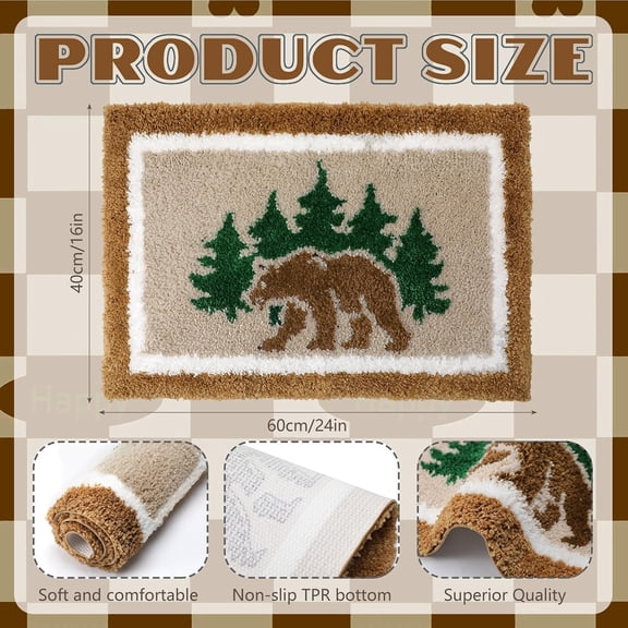 BDIUA-Rustic Bear Bathroom Rug Tufted Bath Mat Cabin Lodge Bathroom Decor Forest Pine Tree Farmhouse Non-Slip Soft Absorbent Area Rug for Shower Tub Sink Entryway Home Accessories 24x16 Inches