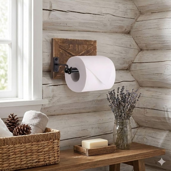 BDIUA-Rustic Farmhouse Toilet Paper Holder - Farmhouse Bathroom Country Decor - Rustic Bathroom Accessories with Warm Brown Wood & Black Metal - Adds Western Decor Charm