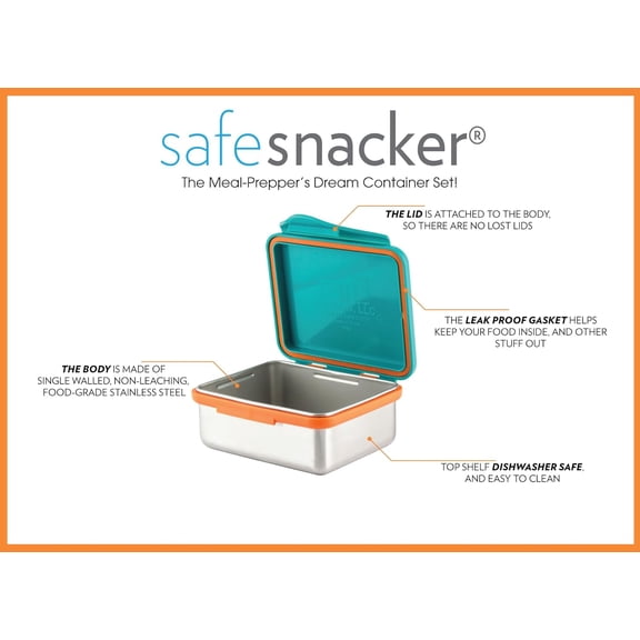 BDIUA-Safe Snacker, Stainless Steel Food Container, BPA Free, Stackable and Cabinet Friendly, Teal, Medium Size, 13oz. Capacity