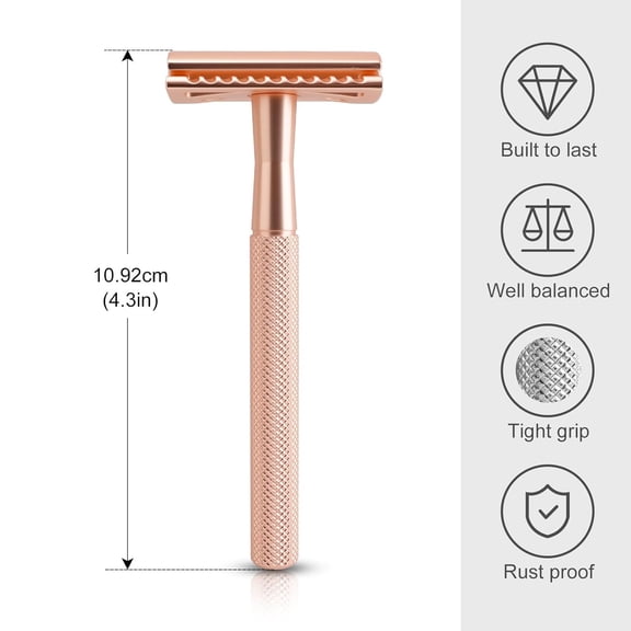 BDIUA-Safety Razor for Men & Women - Double Edge Single Blade Razor with 10 Blades, Reusable One Blade Razor for Close Shave (Mens & Womens Razor, Eco-Friendly)-Rose gold