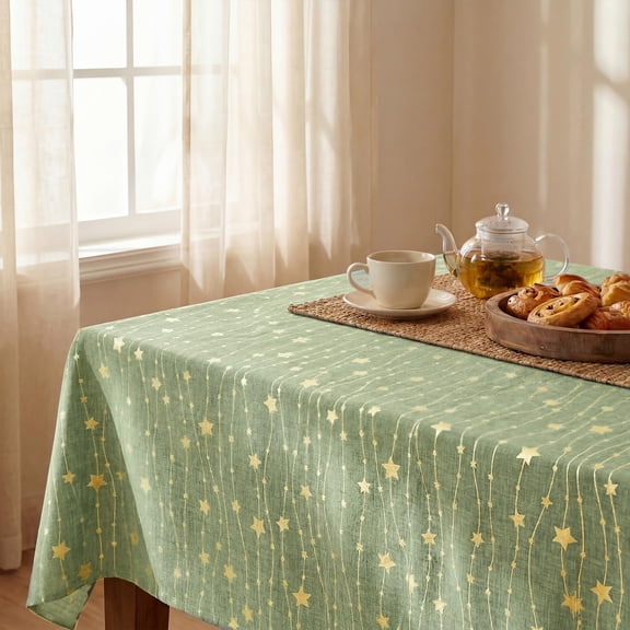 BDIUA-Sage Green Rustic Tablecloth, Gold Star Glitter Metallic Foil Table Cloth, 60104 Inch Rectangular, Wrinkle Stain-Resistant Table Cover for Kitchen/Parties/Weddings Settings