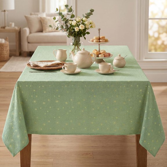 BDIUA-Sage Green Rustic Tablecloth, Gold Star Glitter Metallic Foil Table Cloth, 6084 Inch Rectangular, Washable Stain-Resistant Farmhouse Table Cover for Party Wedding Birthday