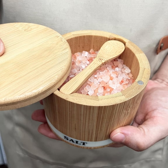 BDIUA-Salt Box Bamboo Salt Container with Swivel Lid and Spoon Small Spice Cellar with Label 8 oz Capacity salt Holder for Countertop with Magnetic to Easy Open and Seal