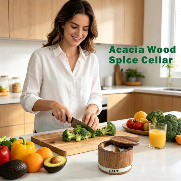BDIUA-Salt Cellar, Acacia Wood Salt Container with Lid and Spoon, Detachable Engraved Salt Box Label and Magnetic Closure, Salt Holder Bowl for Countertop Spice Storage