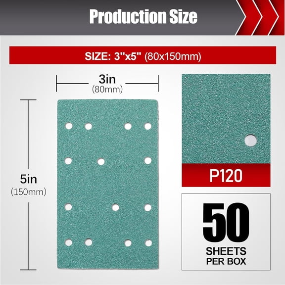 BDIUA-Sand Paper, 3" x 5" (80mm x 133mm) 14-Hole Sandpaper Assortment Pack, Sanding Paper Sheets for Wood Furniture Fits Festool RTS 400 & Mirka Deos 353 120 Grit 50 PCS