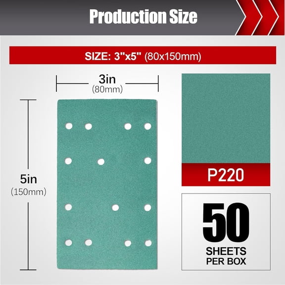 BDIUA-Sand Paper, 3" x 5" (80mm x 133mm) 14-Hole Sandpaper Assortment Pack, Sanding Paper Sheets for Wood Furniture Fits Festool RTS 400 & Mirka Deos 353 220 Grit 50 PCS