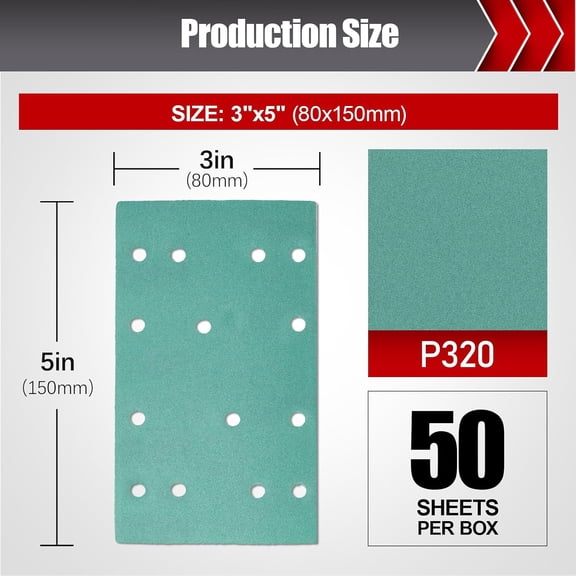 BDIUA-Sand Paper, 3" x 5" (80mm x 133mm) 14-Hole Sandpaper Assortment Pack, Sanding Paper Sheets for Wood Furniture Fits Festool RTS 400 & Mirka Deos 353 320 Grit 50 PCS
