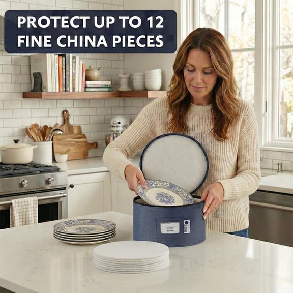 BDIUA-Saucers Storage Container - Hard Shell China Organizer with Dividers - Holds 12 Plates of 7" - Durable & Stackable Storage Box for Seasonal Dishware Protection - Denim Blue
