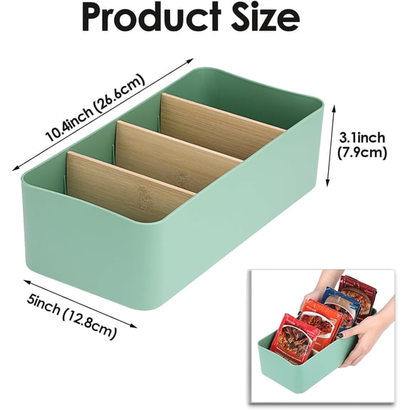 BDIUA-Seasoning Packet Organizer, Food Storage Organizer with Divided 4 Bamboo Wood Compartments, Green Plastic Storage Caddy for Pantry Cabinet, Kitchen Organization Bin for Snacks Spice Packets