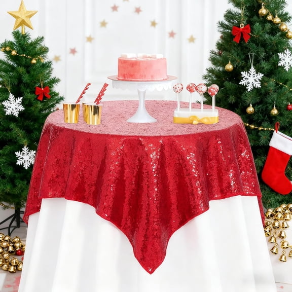 BDIUA-Sequin Fabric Tablecloth 50x50inch Red Sequin Table Cloth Square Dinner Party Wedding Tables