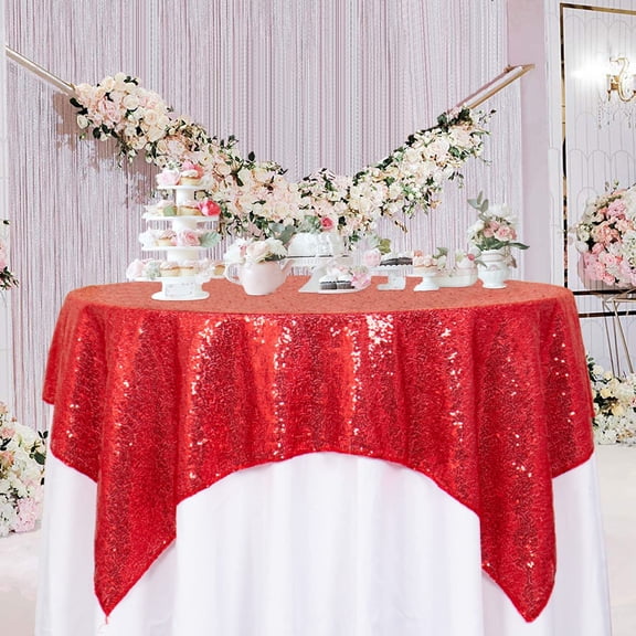 BDIUA-Sequin Tablecloth Square 54x54-Inch Red Table Cloths for Round Table Red Sequins Fabric Overlay Glitter TableCloths Linen for Party Small Cover for Wedding Reception