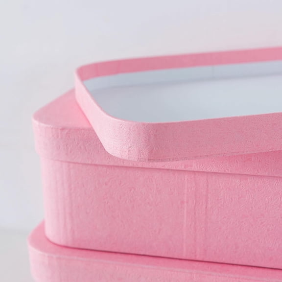 BDIUA-Set of 3 Textured Pink Boxes with Rounded Edges, Decorative Cardboard Boxes with Lids, Nesting Gift Storage, Large Paperboard Containers for Organizing and Keepsakes