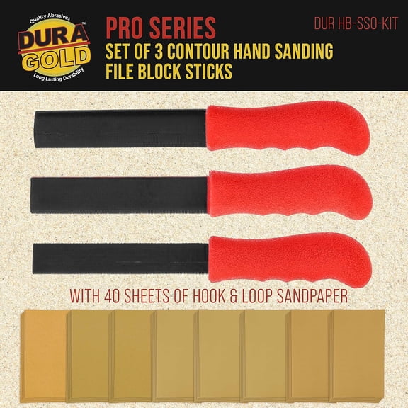 BDIUA-Set of 3 Contour Hand Sanding File Block Sticks with 40 Sheet Hook & Loop Sandpaper Kit - 3 Different Convex Radius Profile Shapes, Teardrop