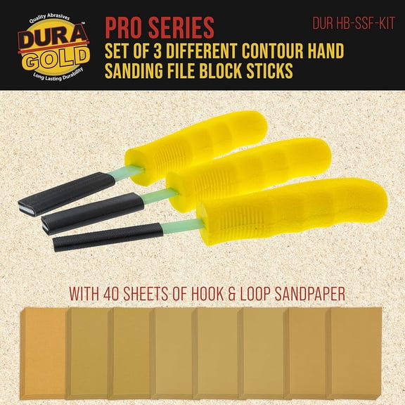 BDIUA-Set of 3 Different Contour Hand Sanding File Block Sticks with 40 Sheet Hook & Loop Sandpaper Kit - Flat Convex Radius Profile Shapes