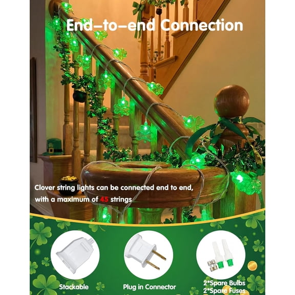 BDIUA-Shamrock String Lights St. Patrick's Day Lights, 8.5Ft Outdoor Patio String Light with 10 LED Green Shamrock, Plug in Fairy Lucky Clover String Lights for Home Garden Irish Party Decoration
