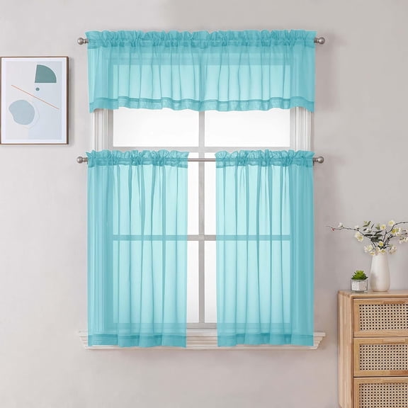 BDIUA-Sheer Aqua Tier Curtains 24 Inch Length Set, Small Window Kitchen Curtains for Bathroom Living Room Basement, Farmhouse Short Voile Curtain 42Wx24L, Rod Pocket, 2 PCS