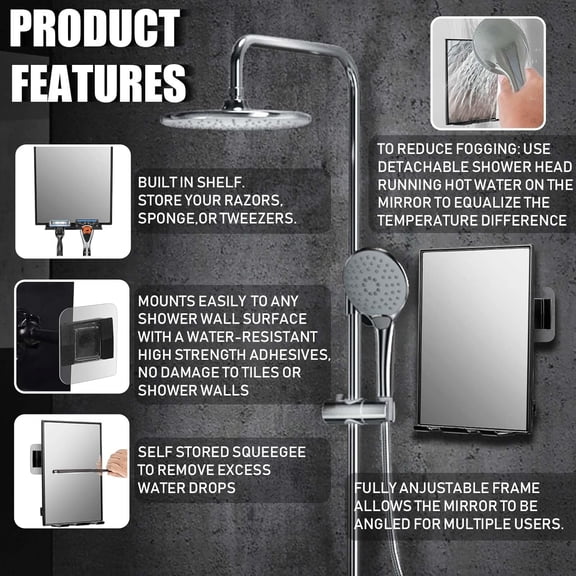 BDIUA-Shower Mirror for Shaving & Washing Your Face with a Squeegee - Built-in Two Razor Holder, 360Rotation Adjustable Shaving Bathroom Mirror - Easy Install, Home Shower Accessory(Not Fogless)