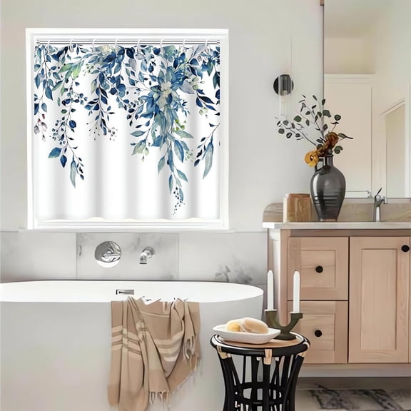 BDIUA-Shower Window Curtain, Watercolor Blue Eucalyptus Small Short Waterproof Bathroom Window Curtain with Hooks, 48x48 Inch
