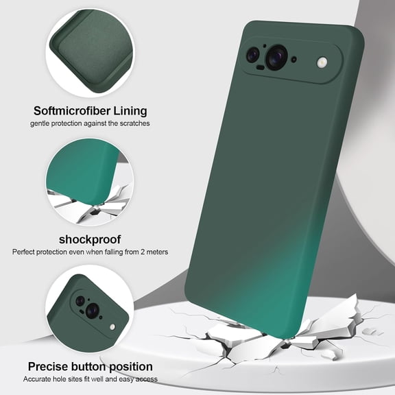 BDIUA-Silicone Case Compatible with Google Pixel 9, Full Body Silky Soft Touch Phone Case with Camera Protection, Shockproof Cover with Microfiber Lining, Green