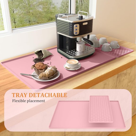 BDIUA-Silicone Coffee Mat Set - Includes Removable Drying Pad, Raised Edges for Non-Leak and Non-Slip, Suitable for Kitchen Coffee Machines and Countertop Protection, Bar Decor Pad (Pink, 24" x 16")