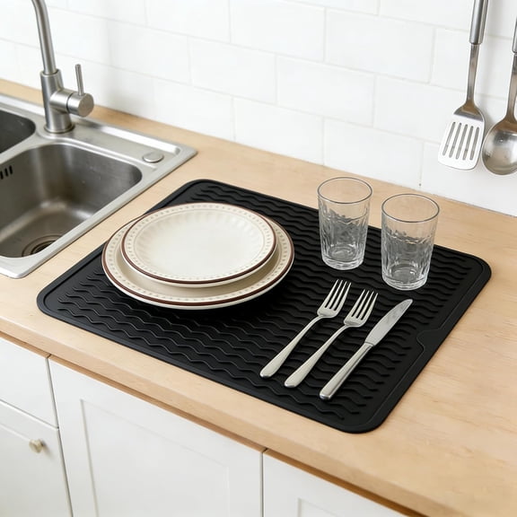 BDIUA-Silicone Dish Drying Mat for Kitchen Counter Eco-Friendly Fast Dry Dish Mat Easy Clean Multi Usage Drying Matt Heat Resistant Trivet Fits Under Rack, Black 12" x 16"