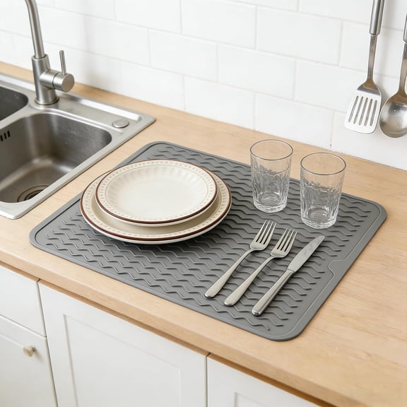 BDIUA-Silicone Dish Drying Mat for Kitchen Counter Eco-Friendly Fast Dry Dish Mat Easy Clean Multi Usage Drying Matt Heat Resistant Trivet Fits Under Rack, Gray 12" x 16"
