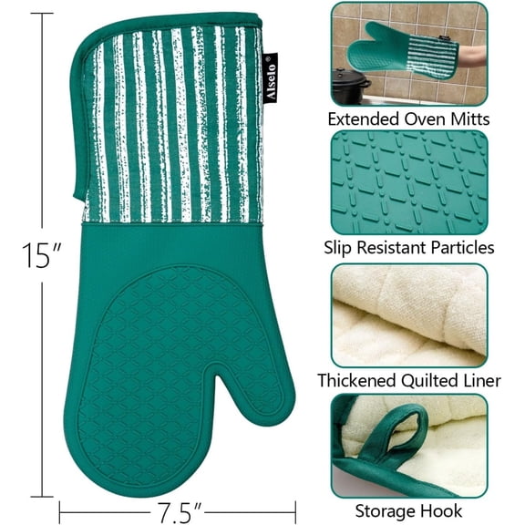 BDIUA-Silicone Oven Mitts Heat Resistant 932 with Waterproof & Non-Slip Kitchen Mittens, Set of 2 Extra Long Oven Gloves with Soft Cotton Terry Lining for Baking Cooking Barbecue (Emerald Green, 2)