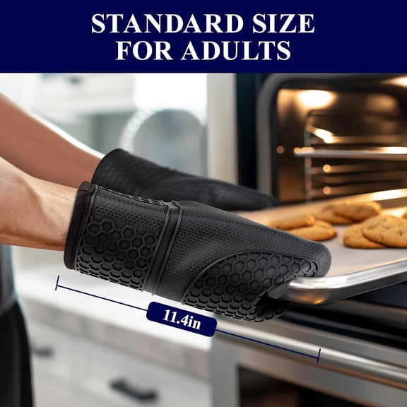 BDIUA-Silicone Oven Mitts, Set of 2, Heat Resistant, Oven Gloves with Soft Lining, Non-Slip Kitchen Essentials, Kitchen Gadgets, Apartment Essentials, Great Gift for Cooking, Baking, Black