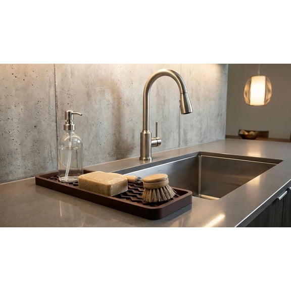 BDIUA-Silicone Sink and Surface Organizer Tray, Sponge Holder, Vanity Tray, Heat Safe, Dishwasher Safe, for Bathroom and Kitchen Organization (Dark Chocolate, 12"x4")