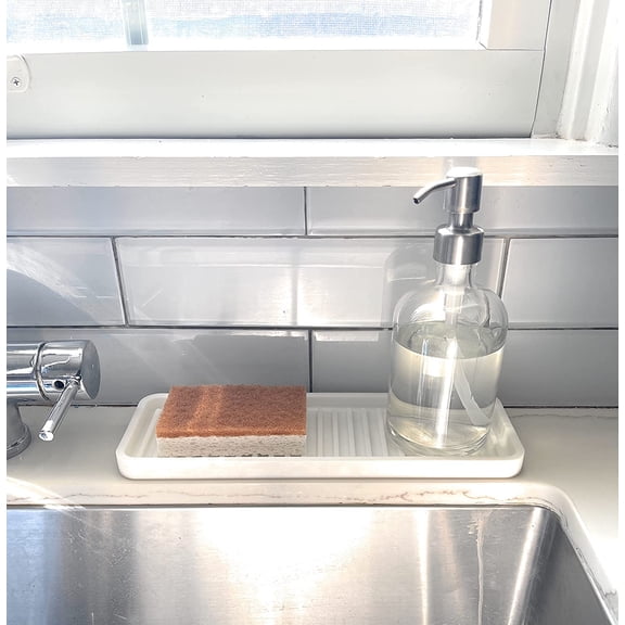 BDIUA-Silicone Sink and Surface Organizer Tray, Sponge Holder, Vanity Tray, Heat Safe, Dishwasher Safe, for Bathroom and Kitchen Organization (Light Grey, 12"x4")