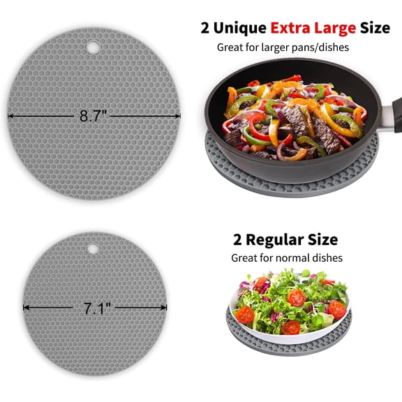 BDIUA-Silicone Trivet Mats - Heat Resistant Pot Holders Set, 4pcs 2 Sizes 7 Inch & 9 Inch, Multipurpose Non-Slip Hot Pads for Hot Pot, Hot Dishers, Jar Opener, Food Grade & BPA Free (Nordic Grey)