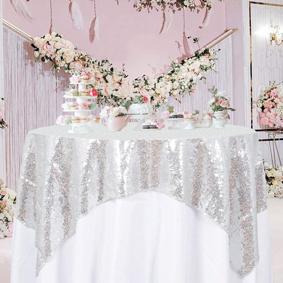 BDIUA-Silver Tablecloths 36X36 Inch 2 Pieces Sequin Table Cloth for Party Sparkle Table Cloths Square Small Grey Shimmer TableclothOverlay for Wedding Birthday Cake Tables