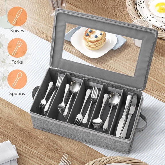 BDIUA-Silverware Storage Box, Covered Flatware Organizer with Zipper Lid, 5 Compartment Cutlery Case with Adjustable Divider and Handle, Utensil Container for Spoon Fork Knives, 1 Pack