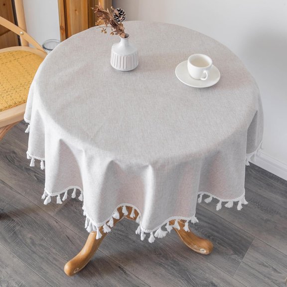 BDIUA-Small Round Beige Textured Tablecloth 36 Inch Farmhouse Polyester Wrinkle Free Circle Table Cloth with Tassels Washable Decorative Burlap Fabric Table Cover for Dining, Wedding and Party