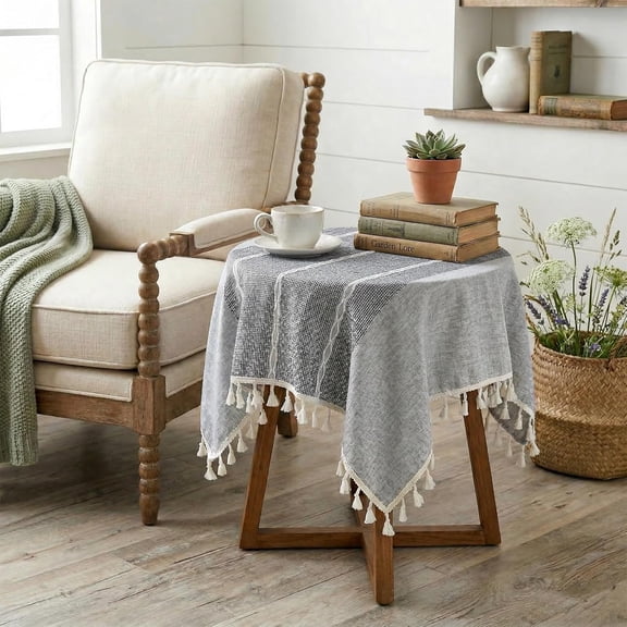 BDIUA-Small Square Tablecloth 24 x 24 Inch, Cotton Linen Boho Gray Nightstand Cover, Rustic Farmhouse Grey End Table Cloth for Living Room, Bedroom, Side Table, Dresser Scarf Summer Home Decor