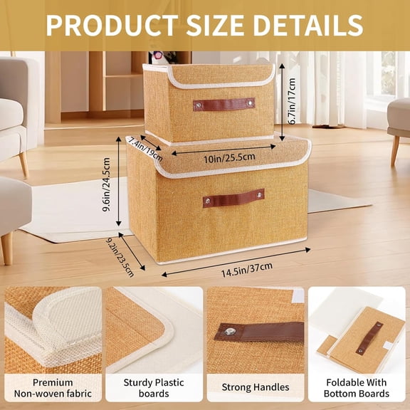 BDIUA-Small Storage Bin with Lid Storage Boxes,Collapsible Linen Storage Basket Container with Lid Storage Cube for Organizing Closets(Light brown)